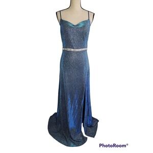 LA SCALA Blue Formal Dress Shimmer Embellished Blue Silver Maxi Slit Size S